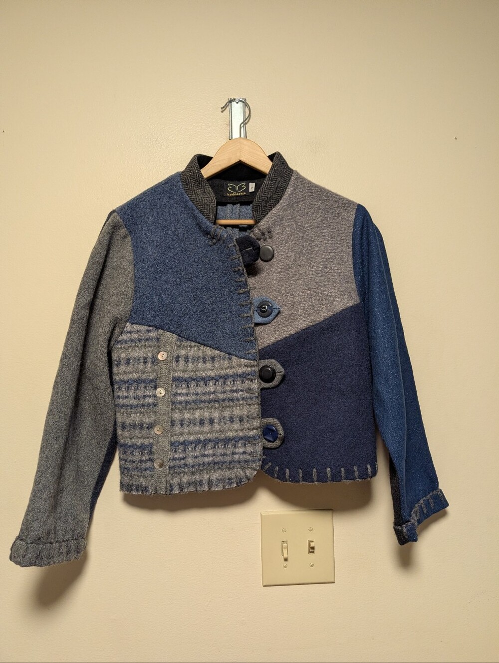 Baabaazuzu Upcycled Vintage Wool Patchwork Jacket Small Blue Gray Artsy